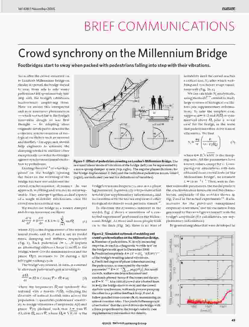 Strogatz Abrams McRobie Eckhardt Ott - Crowd synchrony on the Millennium Bridge - Nature 2005